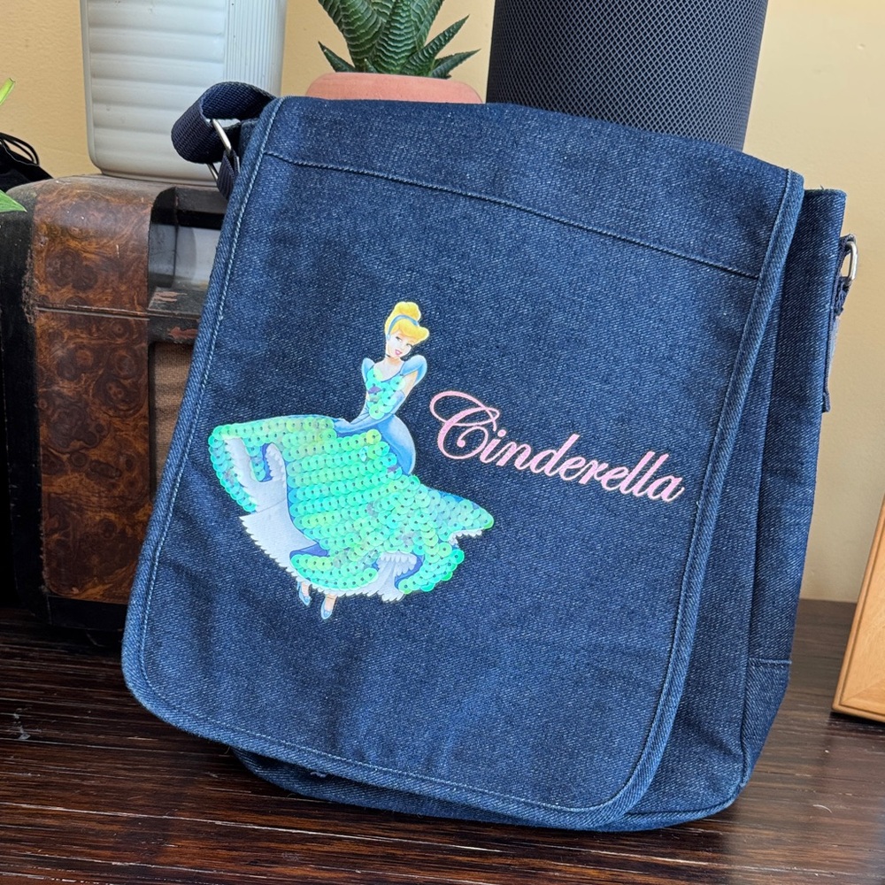 Disney Denim Cinderella Crossbody Bag - Navy Blue with Green Sequins